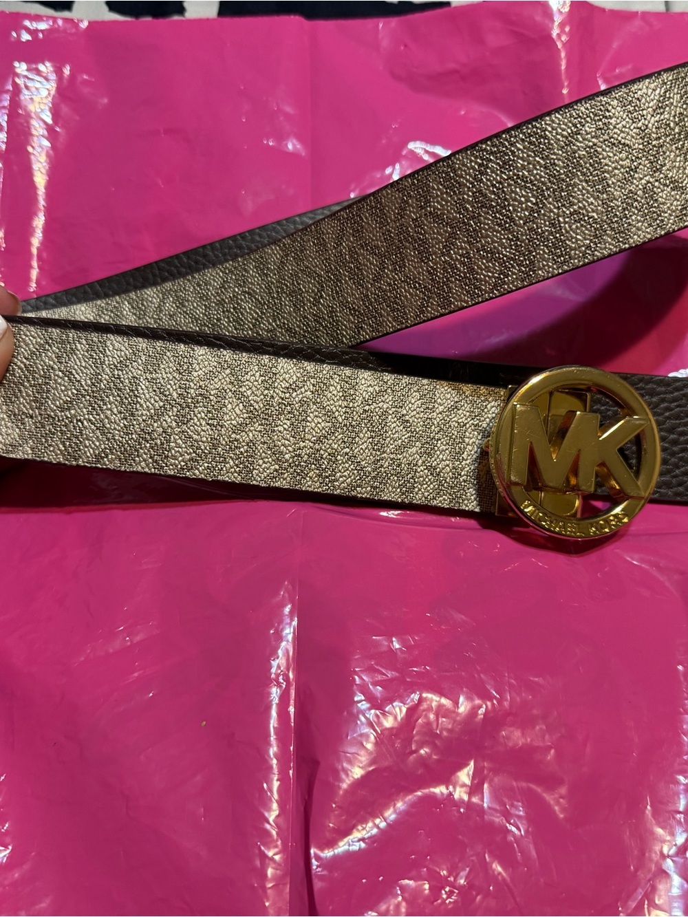 Michael Kors Metallic Taupe Belt with Gold MK Logo Buckle